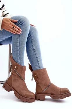 New Boto Modne Damskie Zamszowe Botki Na Suwak Ciemnobeżowe Kandell Beżowy