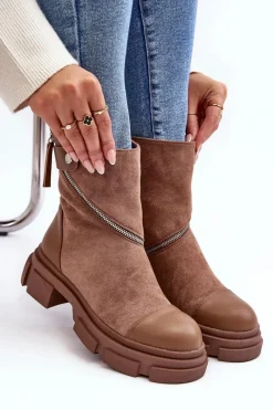 New Boto Modne Damskie Zamszowe Botki Na Suwak Ciemnobeżowe Kandell Beżowy