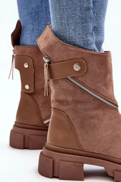 New Boto Modne Damskie Zamszowe Botki Na Suwak Ciemnobeżowe Kandell Beżowy