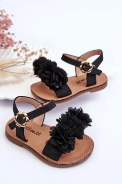 Discount Modne Dziecięce Sandały Z Kwiatami Czarne Poly Dzieci Dziewczęce