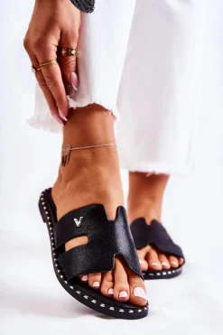 Outlet Modne Klapki Damskie Z Emblematem Czarne Miquel Damskie Klapki Damskie Klasyczne