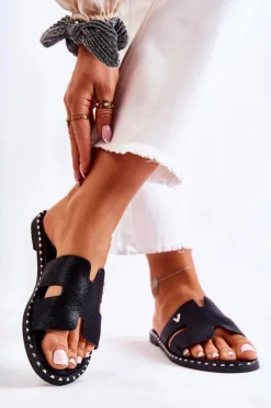 Outlet Modne Klapki Damskie Z Emblematem Czarne Miquel Damskie Klapki Damskie Klasyczne