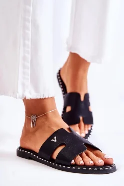 Outlet Modne Klapki Damskie Z Emblematem Czarne Miquel Damskie Klapki Damskie Klasyczne