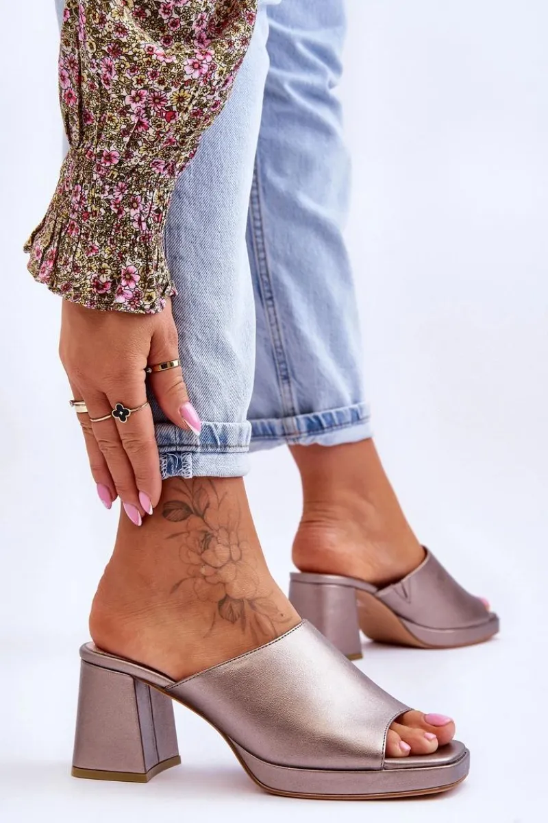 Klapki Na Obcasie>Buty Sergio Leone Modne Klapki Na Obcasie Sergio Leone KL322 Ciemnosrebrne