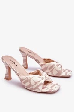 Outlet Modne Klapki Na Obcasie W Print Beżowe Floria Damskie Klapki Na Obcasie|Klapki Damskie Klasyczne