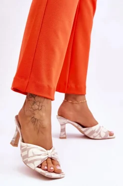 Outlet Modne Klapki Na Obcasie W Print Beżowe Floria Damskie Klapki Na Obcasie|Klapki Damskie Klasyczne