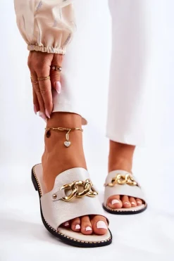 Clearance Modne Klapki Z Łańcuchem Na Płaskim Obcasie Złote Finess Damskie Klapki Damskie Klasyczne