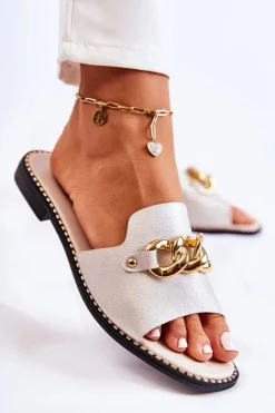 Clearance Modne Klapki Z Łańcuchem Na Płaskim Obcasie Złote Finess Damskie Klapki Damskie Klasyczne