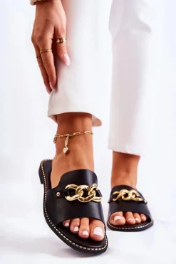 Discount Modne Klapki Z Łańcuchem Na Płaskim Obcasie Czarne Finess Damskie Klapki Damskie Klasyczne