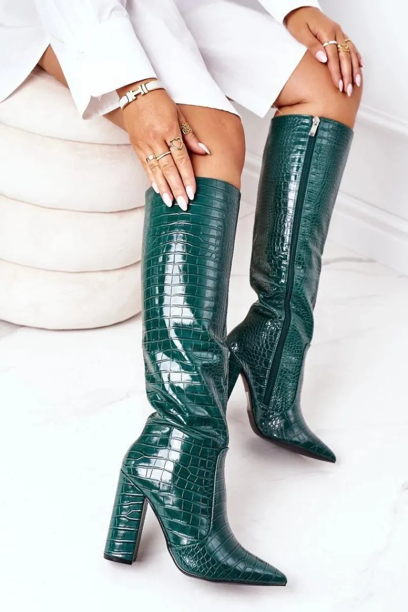 Discount Modne Kozaki Na Słupku Zielone Constancy Damskie Kozaki Wiosenne|Kozaki Przed Kolano