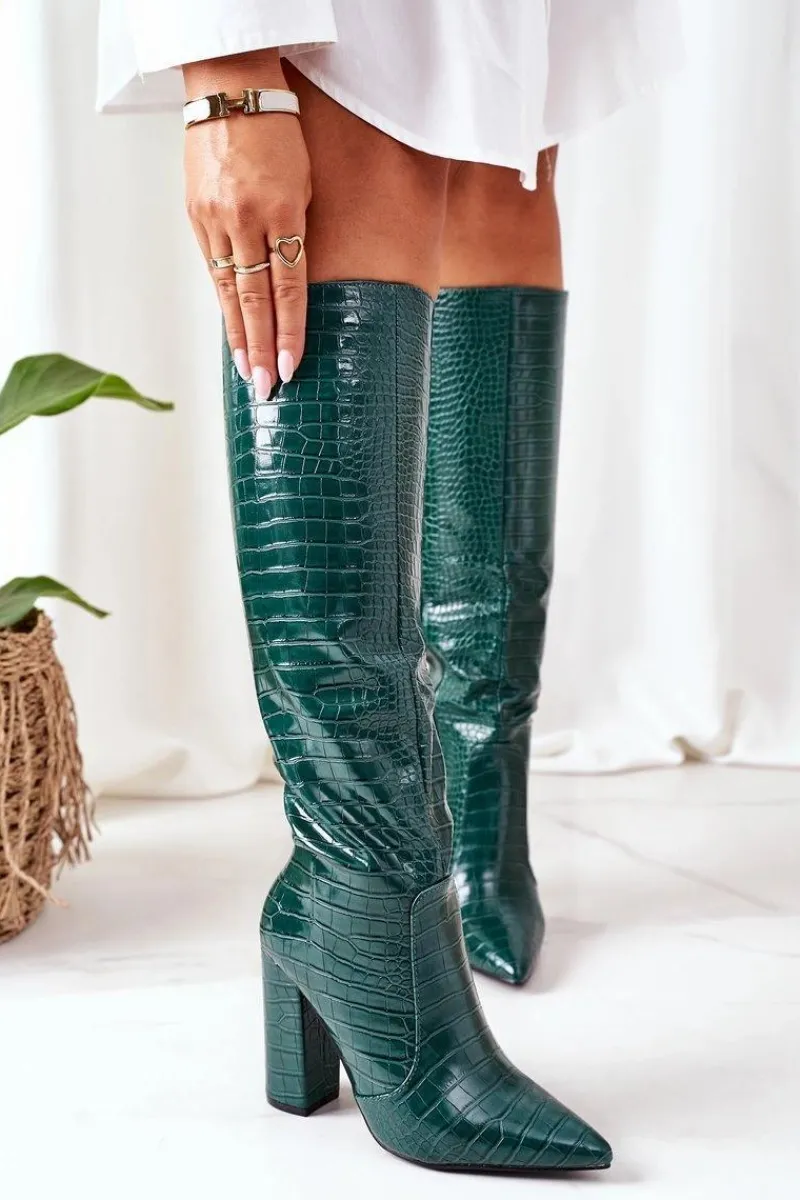 Discount Modne Kozaki Na Słupku Zielone Constancy Damskie Kozaki Wiosenne|Kozaki Przed Kolano