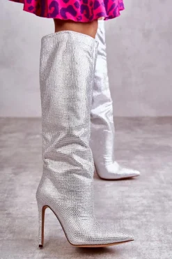 Modne Kozaki Na Szpilce Z Cyrkoniami Srebrne Lovisa Damskie Kozaki Ocieplane|Kozaki Na Szpilce