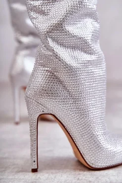 Modne Kozaki Na Szpilce Z Cyrkoniami Srebrne Lovisa Damskie Kozaki Ocieplane|Kozaki Na Szpilce