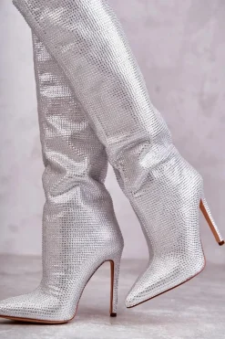 Modne Kozaki Na Szpilce Z Cyrkoniami Srebrne Lovisa Damskie Kozaki Ocieplane|Kozaki Na Szpilce