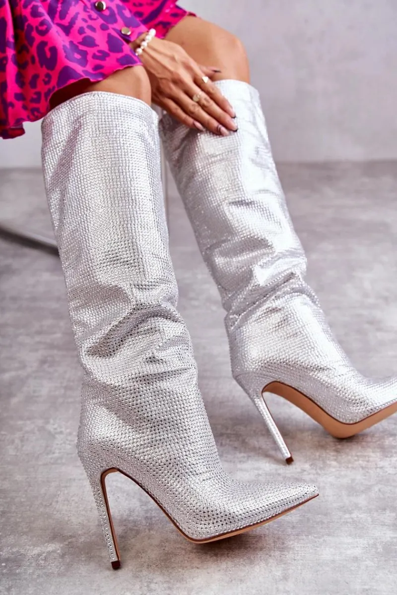 Modne Kozaki Na Szpilce Z Cyrkoniami Srebrne Lovisa Damskie Kozaki Ocieplane|Kozaki Na Szpilce