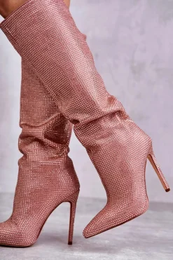 Best Boto Modne Kozaki Na Szpilce Z Cyrkoniami Różowe Lovisa Różowy