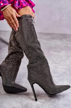 Clearance Boto Modne Kozaki Na Szpilce Z Cyrkoniami Czarne Lovisa