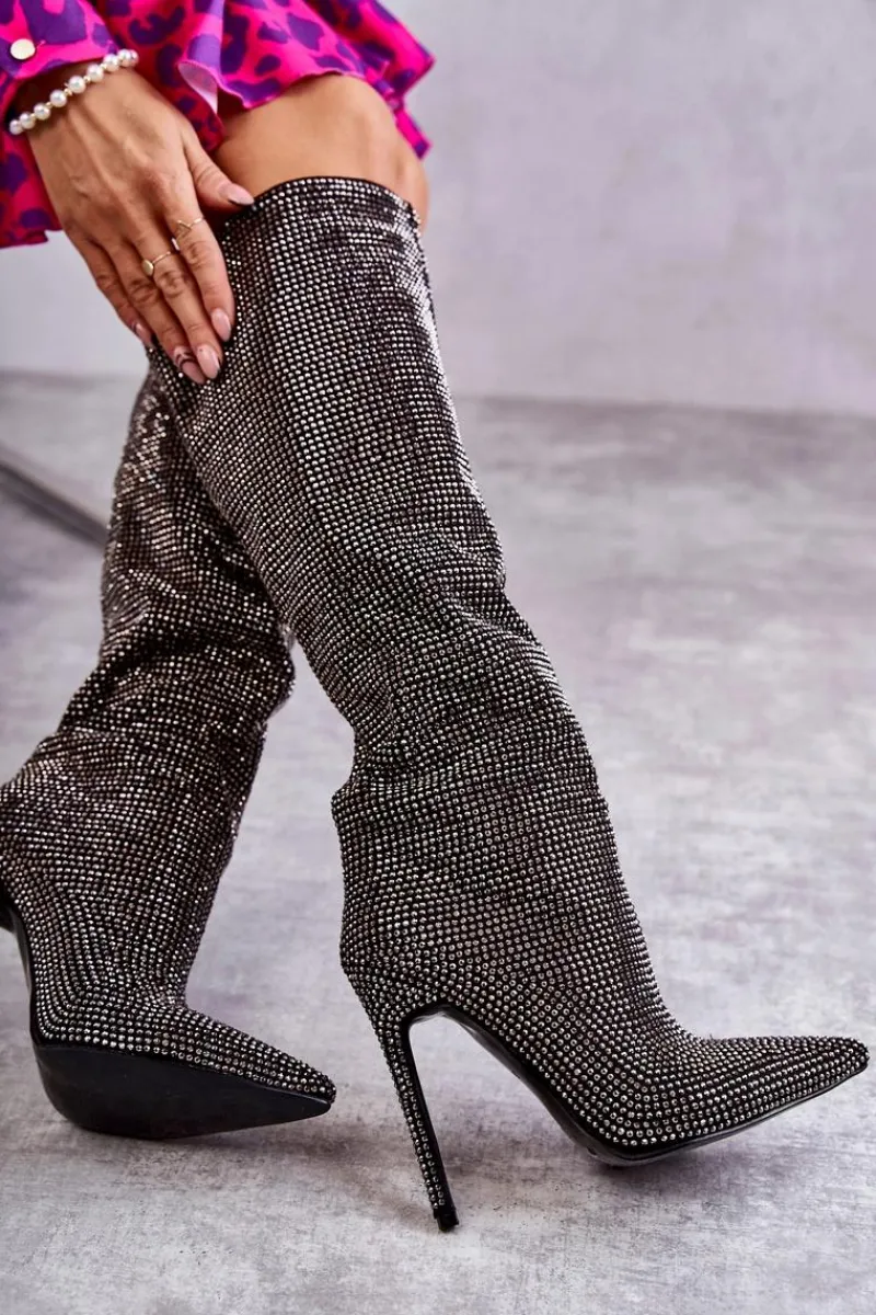 Clearance Boto Modne Kozaki Na Szpilce Z Cyrkoniami Czarne Lovisa