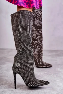 Clearance Boto Modne Kozaki Na Szpilce Z Cyrkoniami Czarne Lovisa