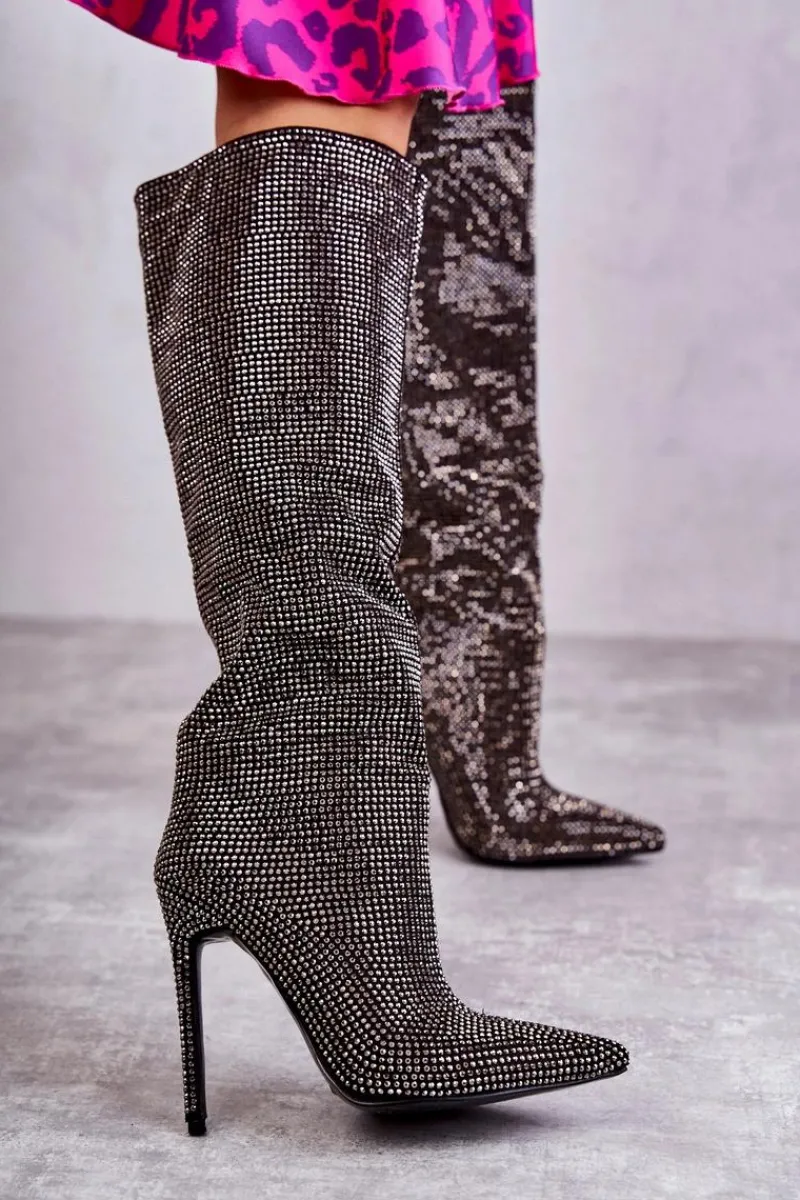 Clearance Boto Modne Kozaki Na Szpilce Z Cyrkoniami Czarne Lovisa