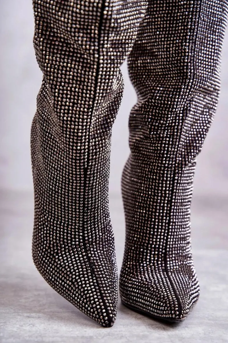 Clearance Boto Modne Kozaki Na Szpilce Z Cyrkoniami Czarne Lovisa