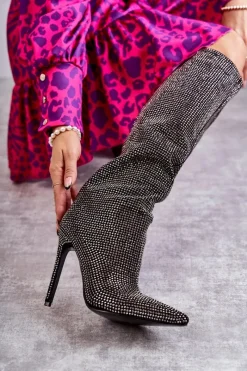 Clearance Boto Modne Kozaki Na Szpilce Z Cyrkoniami Czarne Lovisa