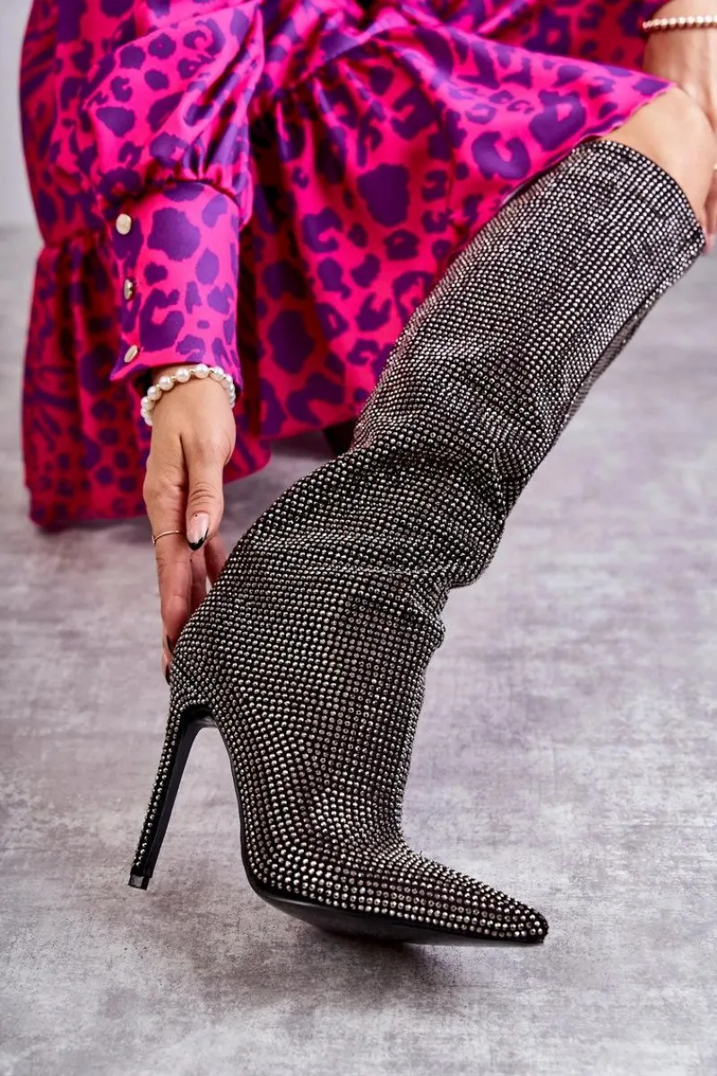 Clearance Boto Modne Kozaki Na Szpilce Z Cyrkoniami Czarne Lovisa