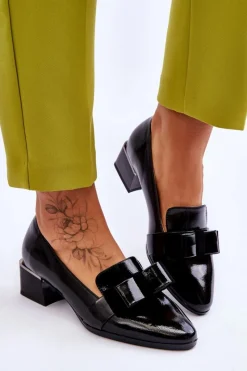 New Buty damskie Vinceza Modne Lakierowane Czółenka Z Ozdobną Kokardą Czarne Shira
