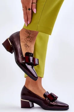 Discount Modne Lakierowane Czółenka Z Ozdobną Kokardą Bordowe Shira Damskie Czółenka Na Słupku|Czółenka Klasyczne