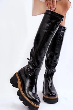 Modne Lakierowane Damskie Kozaki Przed Kolano Czarne Venise Damskie Kozaki Płaskie|Kozaki Przed Kolano