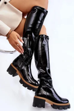 Modne Lakierowane Damskie Kozaki Przed Kolano Czarne Venise Damskie Kozaki Płaskie|Kozaki Przed Kolano