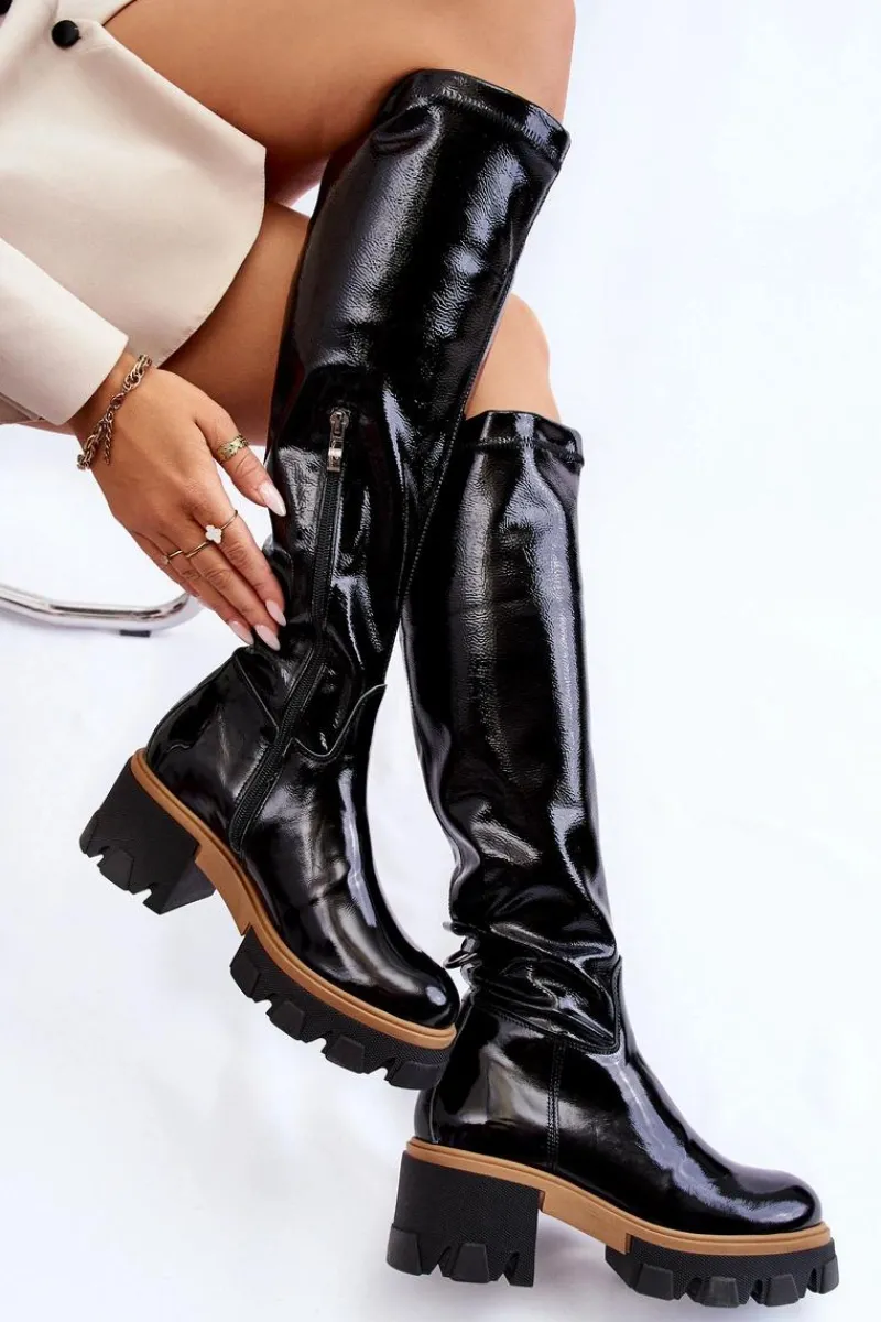 Modne Lakierowane Damskie Kozaki Przed Kolano Czarne Venise Damskie Kozaki Płaskie|Kozaki Przed Kolano