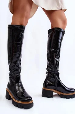 Modne Lakierowane Damskie Kozaki Przed Kolano Czarne Venise Damskie Kozaki Płaskie|Kozaki Przed Kolano