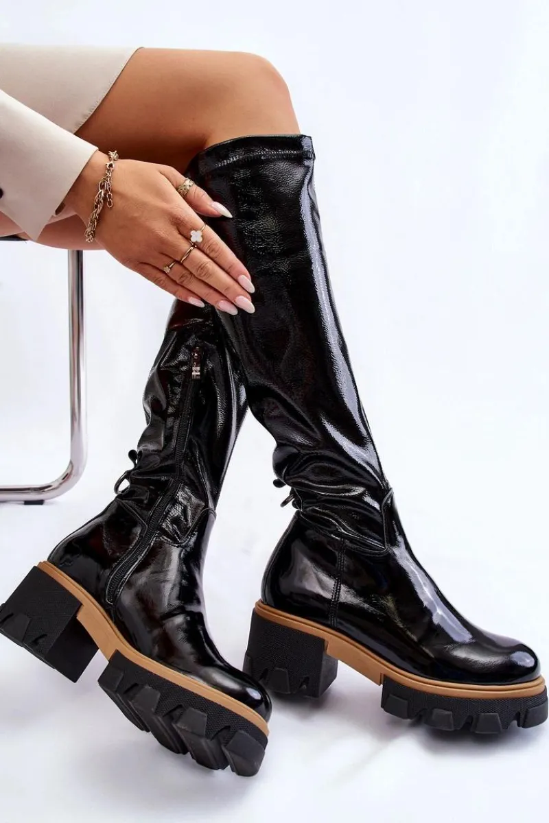 Modne Lakierowane Damskie Kozaki Przed Kolano Czarne Venise Damskie Kozaki Płaskie|Kozaki Przed Kolano