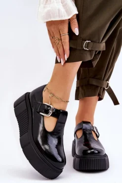 Zazoo Modne Lakierowane Półbuty Na Masywnej Platformie Czarne Colson
