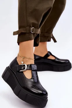 Zazoo Modne Lakierowane Półbuty Na Masywnej Platformie Czarne Colson