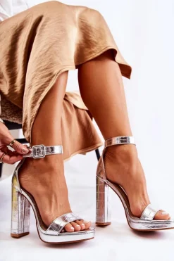 Sandały Na Obcasie>Boto Modne Lakierowane Sandały Na Wysokim Słupku Srebrne Perfection