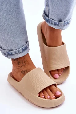 Discount Modne Lekkie Klapki Na Masywnej Podeszwie Beżowe Rebel Damskie Klapki Basenowe