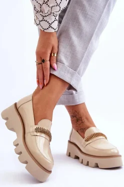 Loafersy Damskie|Mokasyny Płaskie>Laura Messi Modne Mokasyny Na Platformie Z Ozdobą 2600 Beżowe Beżowy