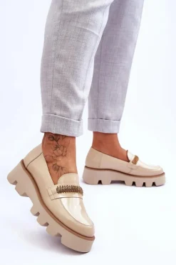 Loafersy Damskie|Mokasyny Płaskie></noscript>Laura Messi Modne Mokasyny Na Platformie Z Ozdobą 2600 Beżowe Beżowy