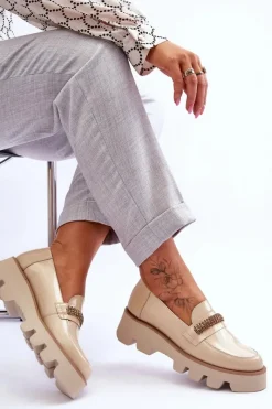 Loafersy Damskie|Mokasyny Płaskie></noscript>Laura Messi Modne Mokasyny Na Platformie Z Ozdobą 2600 Beżowe Beżowy