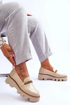 Loafersy Damskie|Mokasyny Płaskie></noscript>Laura Messi Modne Mokasyny Na Platformie Z Ozdobą 2600 Beżowe Beżowy