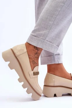 Loafersy Damskie|Mokasyny Płaskie></noscript>Laura Messi Modne Mokasyny Na Platformie Z Ozdobą 2600 Beżowe Beżowy
