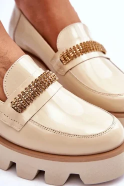Loafersy Damskie|Mokasyny Płaskie></noscript>Laura Messi Modne Mokasyny Na Platformie Z Ozdobą 2600 Beżowe Beżowy