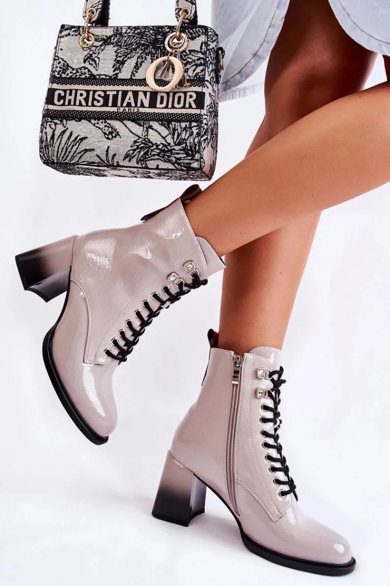 Clearance Modne Ocieplane Botki Na Obcasie Szare Alisse Damskie Botki Sznurowane|Botki Zimowe Damskie