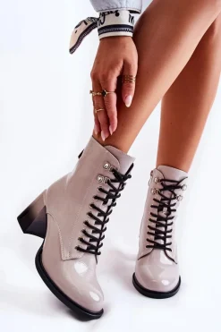 Clearance Modne Ocieplane Botki Na Obcasie Szare Alisse Damskie Botki Sznurowane|Botki Zimowe Damskie