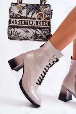 Clearance Modne Ocieplane Botki Na Obcasie Szare Alisse Damskie Botki Sznurowane|Botki Zimowe Damskie