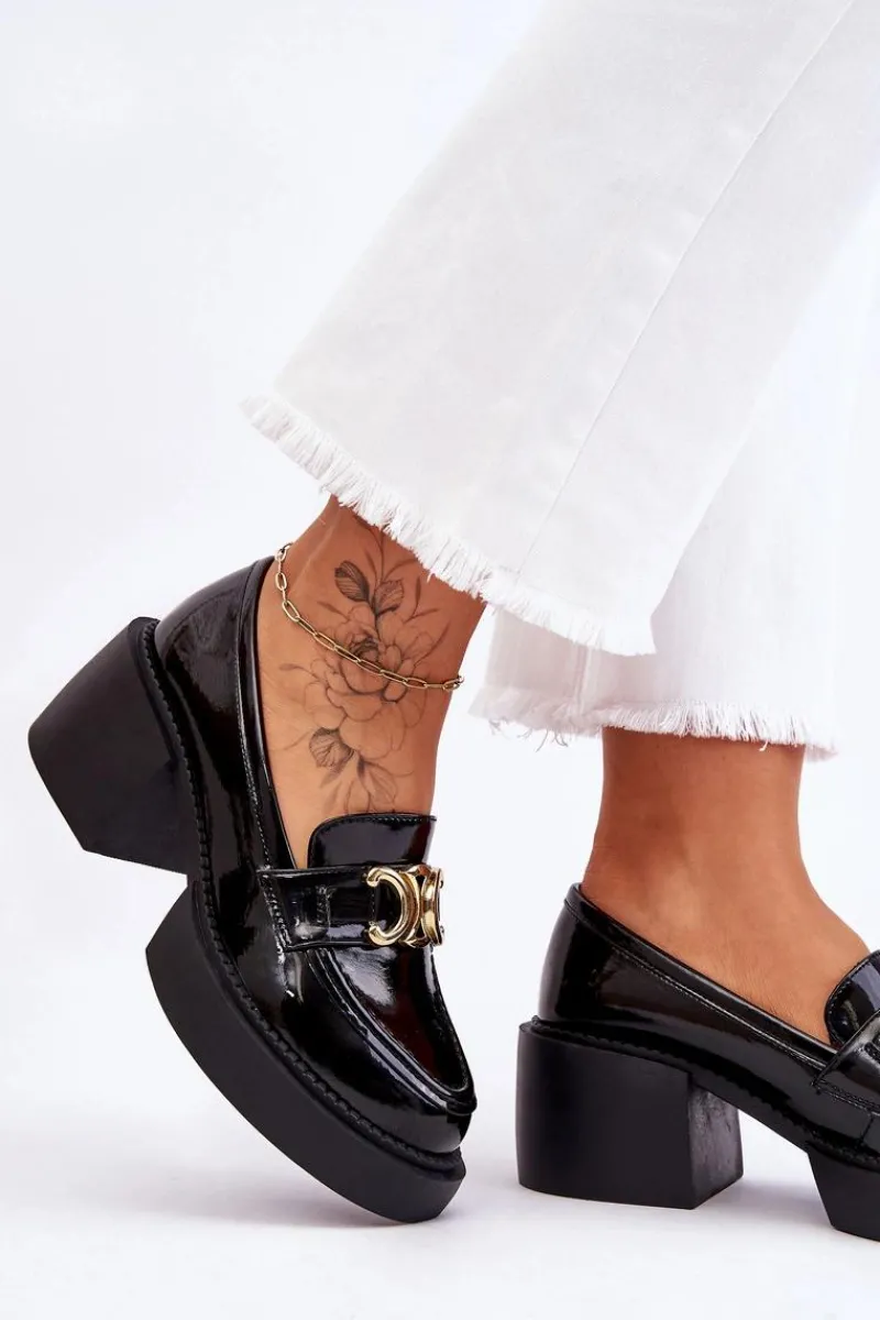 Mokasyny Damskie Lakierowane|Czółenka Na Słupku>Damskie buty S.Barski Modne Półbuty Czółenka Na Masywnym Obcasie Czarne Imani