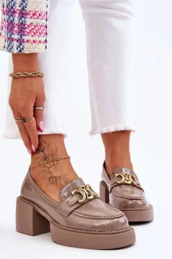 Sale Modne Półbuty Czółenka Na Masywnym Obcasie Beżowe Imani Damskie Mokasyny Damskie Lakierowane|Czółenka Na Słupku