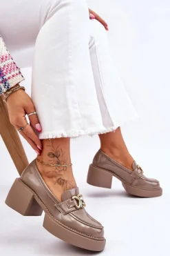 Sale Modne Półbuty Czółenka Na Masywnym Obcasie Beżowe Imani Damskie Mokasyny Damskie Lakierowane|Czółenka Na Słupku